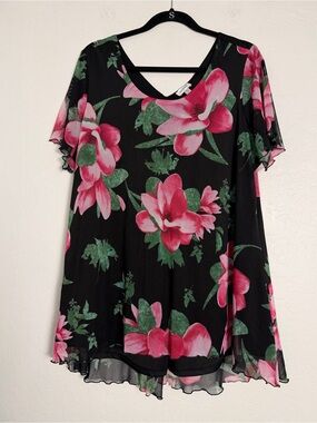 Avenue Women's Pullover Blouse 18/20 Black/Pink Floral Semi Sheer Short Sleeve